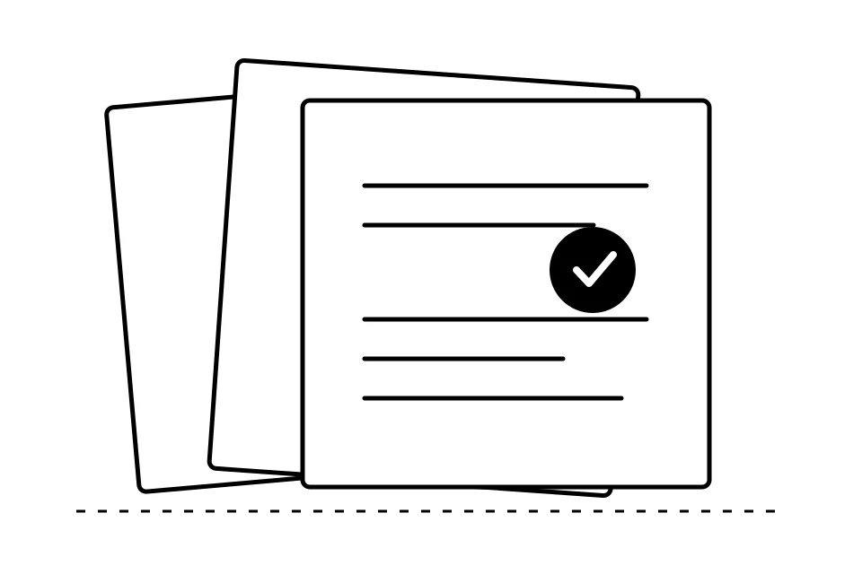A stack of outlined papers includes one checked record.